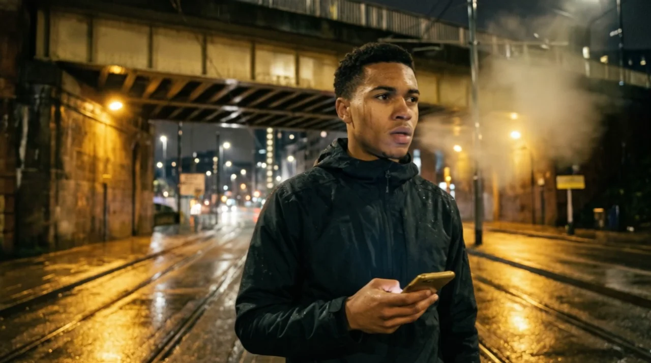 A young operator under a Manchester tram bridge at night, phone in hand, breath in the cold air.